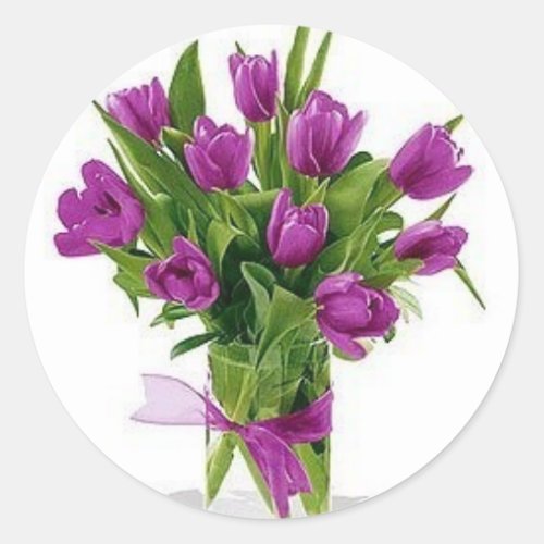 purple tulips in vase classic round sticker