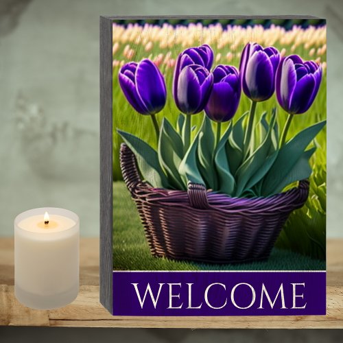 Purple Tulips in Wicker Basket Welcome Wooden Box Sign