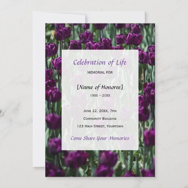 Purple Tulips Memorial Celebration invitation (Front)