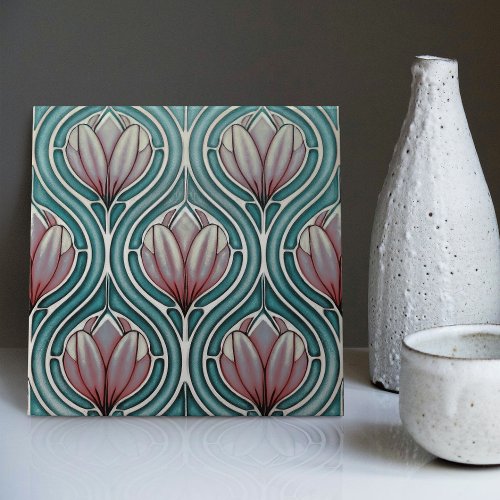 Purple Tulips on Blue Symmetric Art Nouveau Ceramic Tile