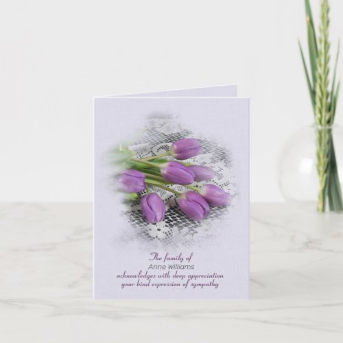Purple Tulips on Lace Sympathy Thank You Card