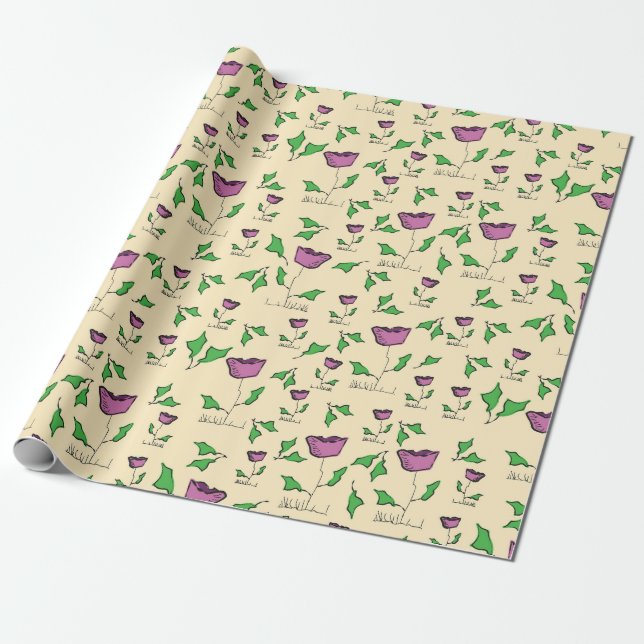 Purple tulips on yellow background wrapping paper (Unrolled)