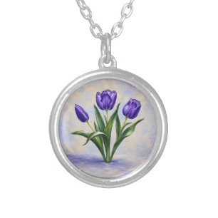 Purple Tulips Silver Plated Necklace