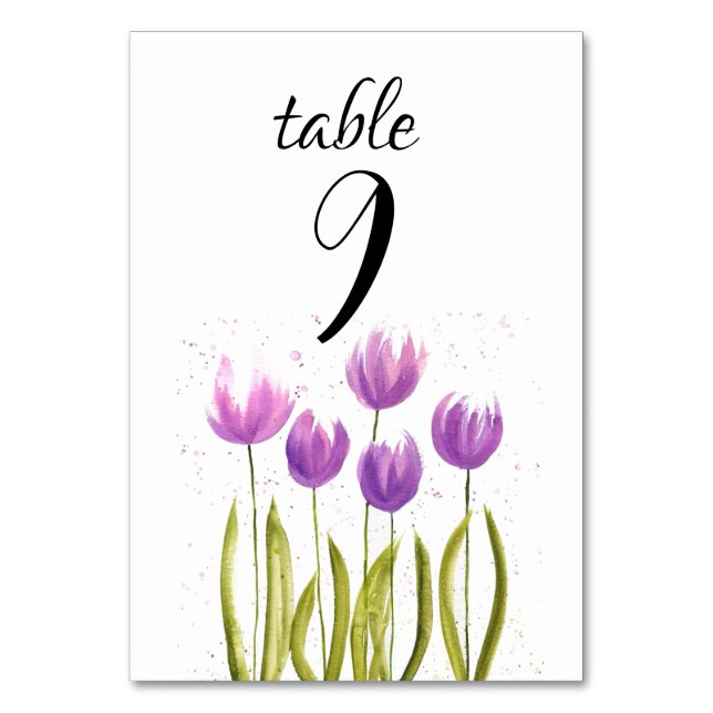 Purple Tulips Spring Floral Flowers Wedding Table Number (Front)