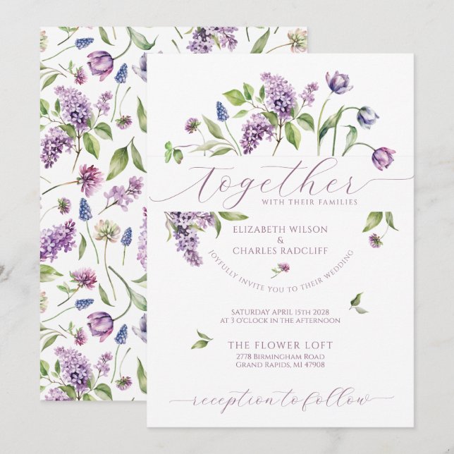Purple Tulips & Spring Flowers Wedding Invitation (Front/Back)