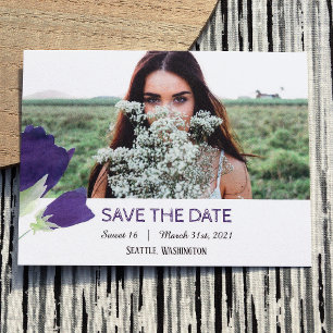 Purple Tulips Sweet 16 Save the Date Card
