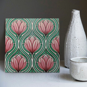 Purple Tulips Symmetric Pattern Art Nouveau Ceramic Tile