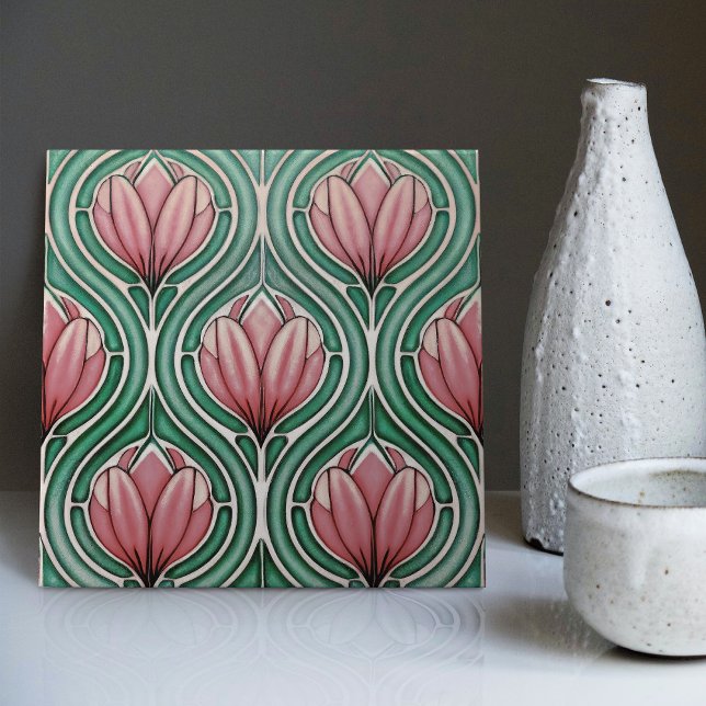 Purple Tulips Symmetric Pattern Art Nouveau Ceramic Tile (Creator Uploaded)