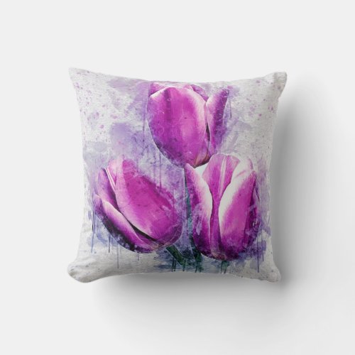 Purple Tulips Watercolor Painting Throw Pillow