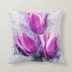 Purple Tulips Watercolor Painting Throw Pillow