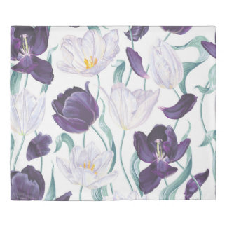 Purple Tulips: White Vintage Realism. Duvet Cover