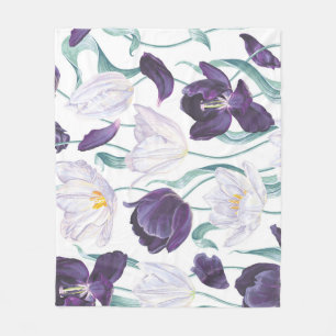 Purple Tulips: White Vintage Realism. Fleece Blanket