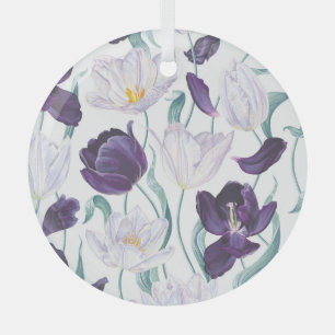 Purple Tulips: White Vintage Realism. Glass Ornament