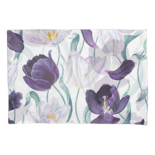 Purple Tulips: White Vintage Realism. Pillow Case
