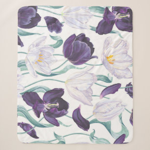 Purple Tulips: White Vintage Realism. Sherpa Blanket