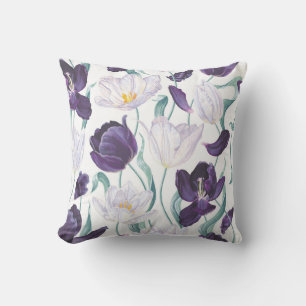 Purple Tulips: White Vintage Realism. Throw Pillow