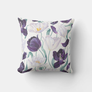 Purple Tulips: White Vintage Realism. Throw Pillow