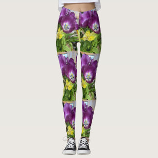 Purple Tulips & Yellow Botanical Print Leggings