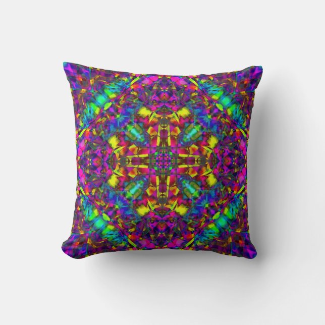 Purple Turquiose and Yellow Mandala Pattern Throw Pillow (Front)
