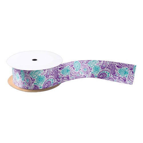 Purple turquoise and white vintage paisley satin ribbon