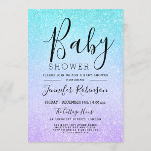 Purple & Turquoise Baby Shower Glitter Look Paint Invitation