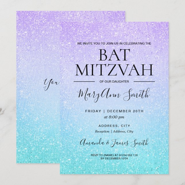 Purple & Turquoise Bat Mitzvah Faux Glitter Paint Invitation (Front/Back)