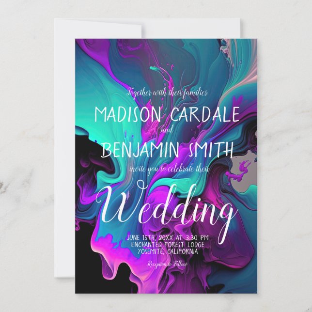 Purple Turquoise Beautiful Abstract Fluid Wedding Invitation (Front)
