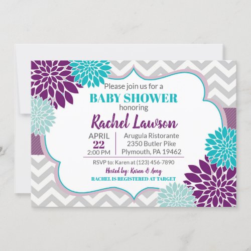 Purple  Turquoise Blooms Floral Baby Shower Invitation