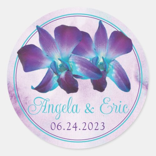 Purple Turquoise Blue Dendrobium Orchid Wedding Classic Round Sticker