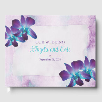 Purple Turquoise Blue Dendrobium Orchid Wedding Guest Book