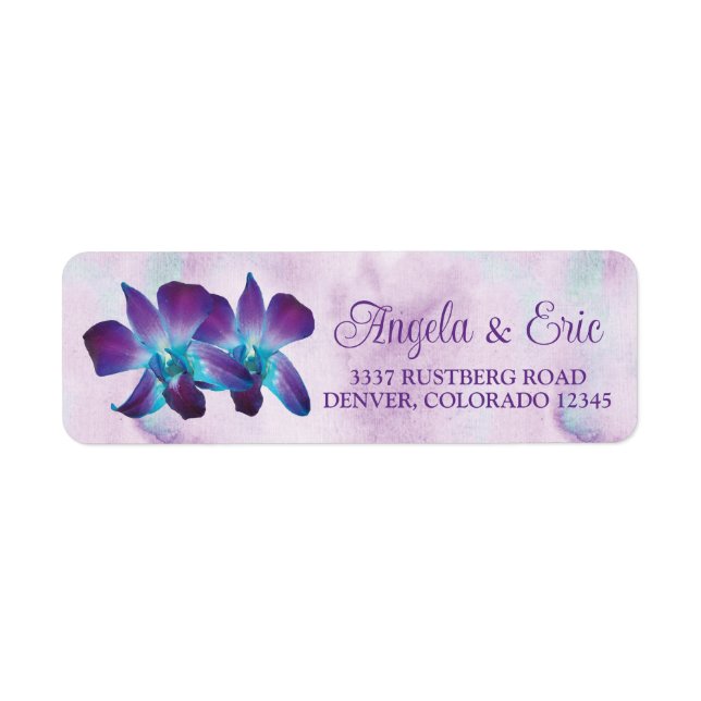 Purple Turquoise Blue Dendrobium Orchid Wedding Label (Front)