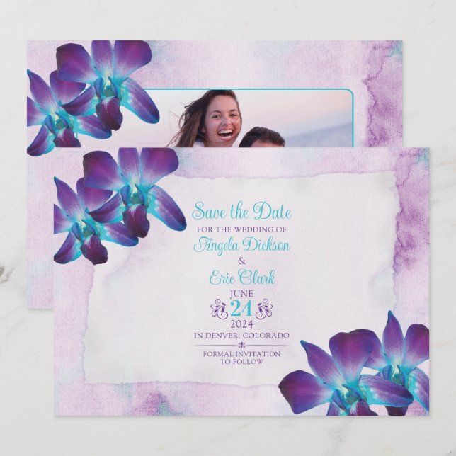 Purple Turquoise Blue Dendrobium Orchid Wedding Save The Date (Front/Back)