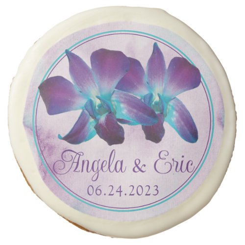 Purple Turquoise Blue Dendrobium Orchid Wedding Sugar Cookie