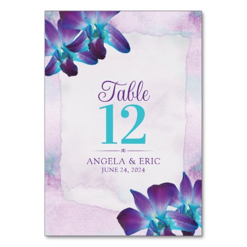 Purple Turquoise Blue Dendrobium Orchid Wedding Table Number