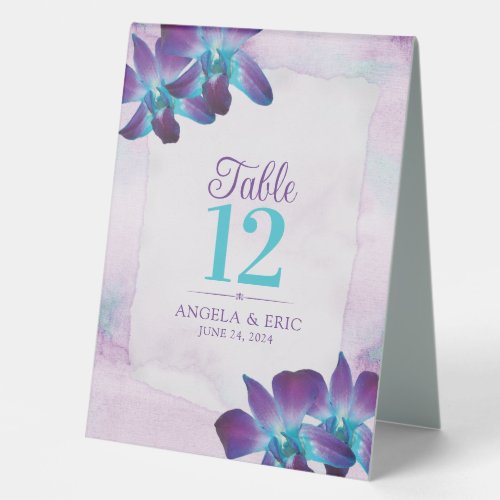 Purple Turquoise Blue Dendrobium Orchid Wedding Table Tent Sign