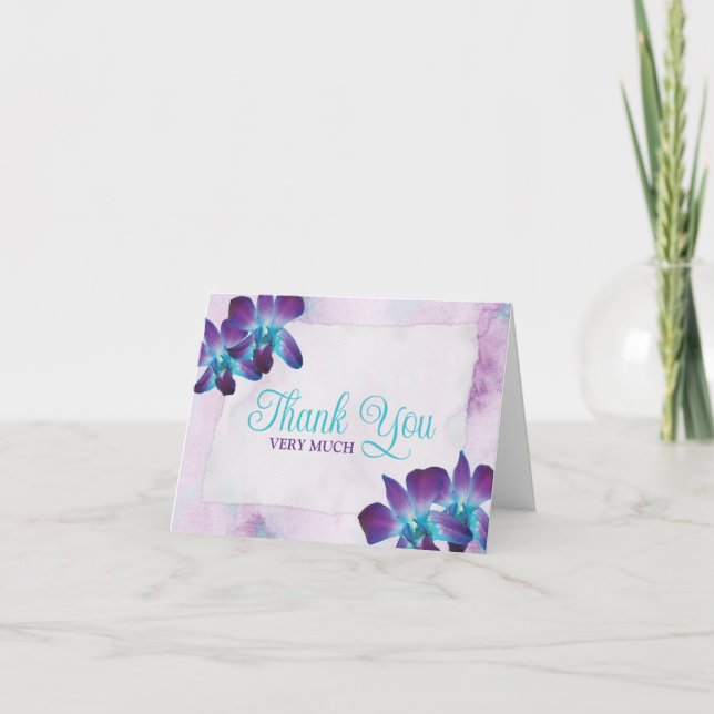 Purple Turquoise Blue Dendrobium Orchid Wedding Thank You Card (Front)