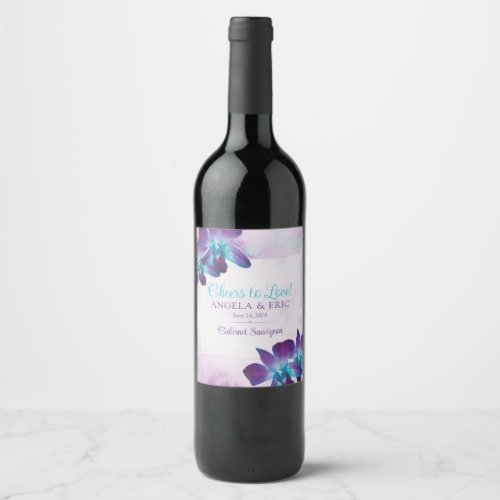 Purple Turquoise Blue Dendrobium Orchid Wedding Wine Label