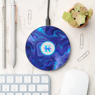 Purple Turquoise Blue Marble Art Monogrammed Wireless Charger