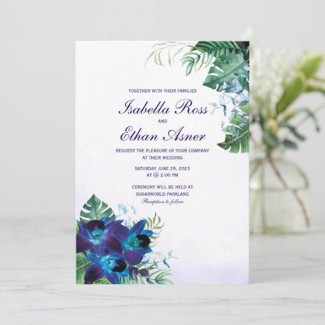 Purple Turquoise Blue Orchid Wedding Invitation (Standing Front)