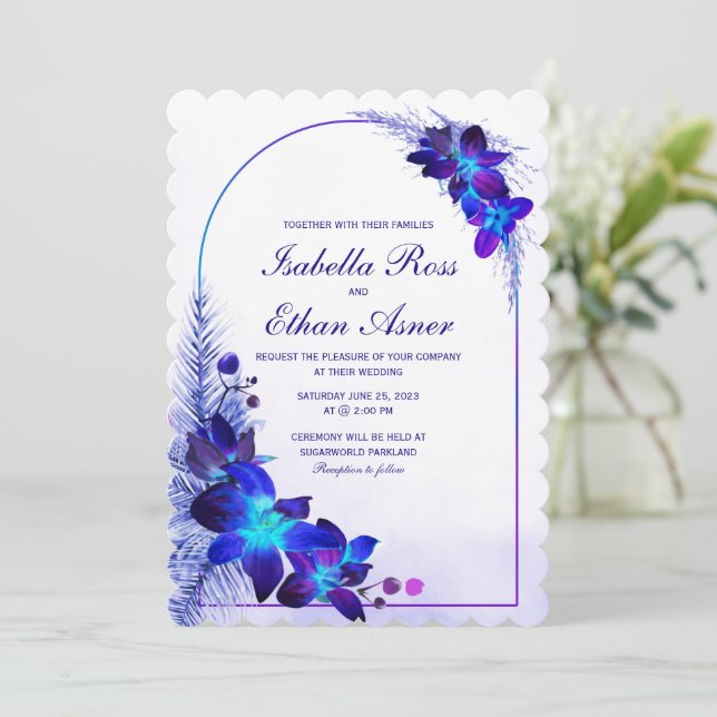 Purple Turquoise Blue Orchid Wedding Invitation (Standing Front)