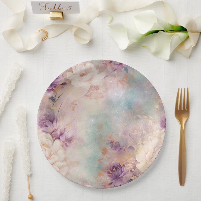 Purple Turquoise Blush Floral Paper Plates (Wedding)