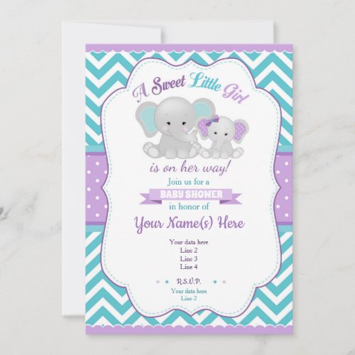 Purple Turquoise Elephant Baby Shower Invitation