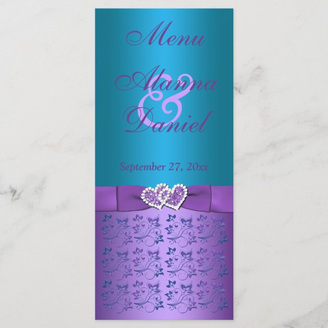 Purple, Turquoise Floral Hearts Wedding Menu (Front)