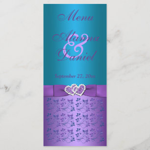 Purple, Turquoise Floral Hearts Wedding Menu