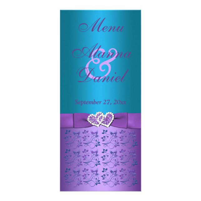 Purple, Turquoise Floral Hearts Wedding Menu (Front)