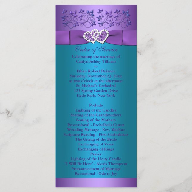 Purple, Turquoise Floral Hearts Wedding Program (Front)
