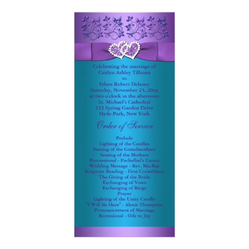 Purple Turquoise Floral Hearts Wedding Program 2