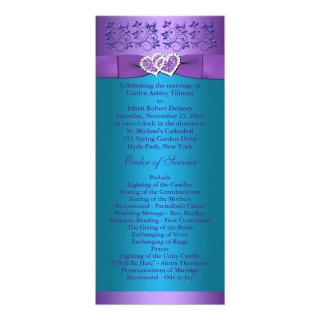 Purple, Turquoise Floral Hearts Wedding Program 2 (Front)