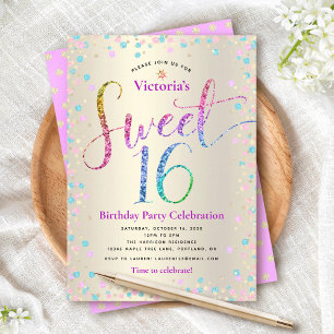 Purple Turquoise Glitter Sweet 16 Birthday Gold Invitation