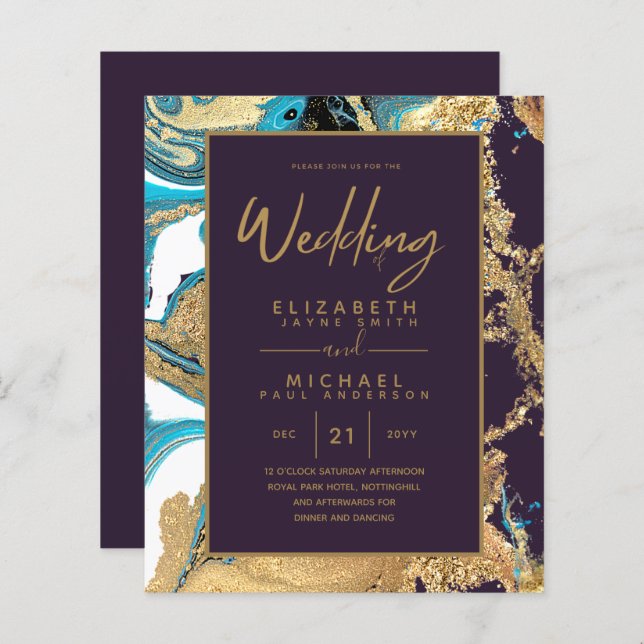 Purple Turquoise Gold Agate Budget Wedding Invites (Front/Back)